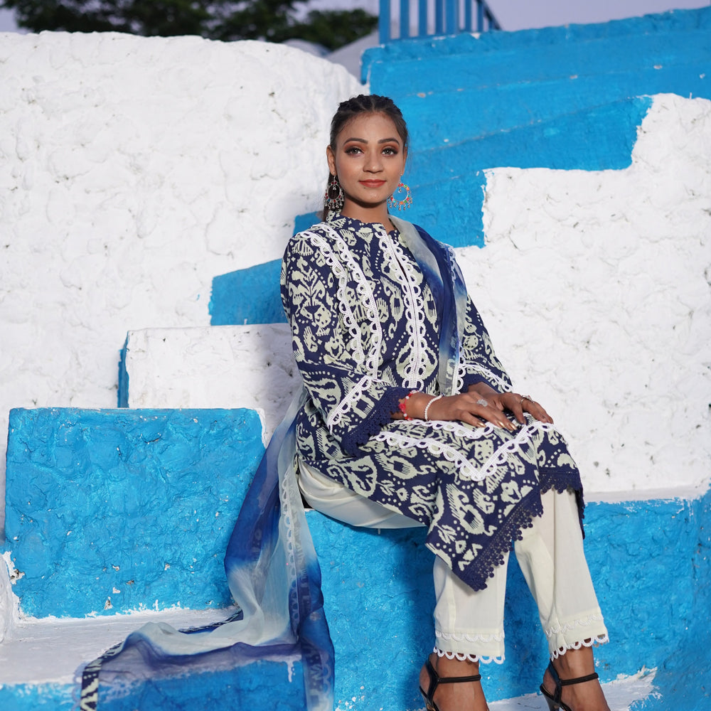 Blue and White Cotton Printed Suit CS 106