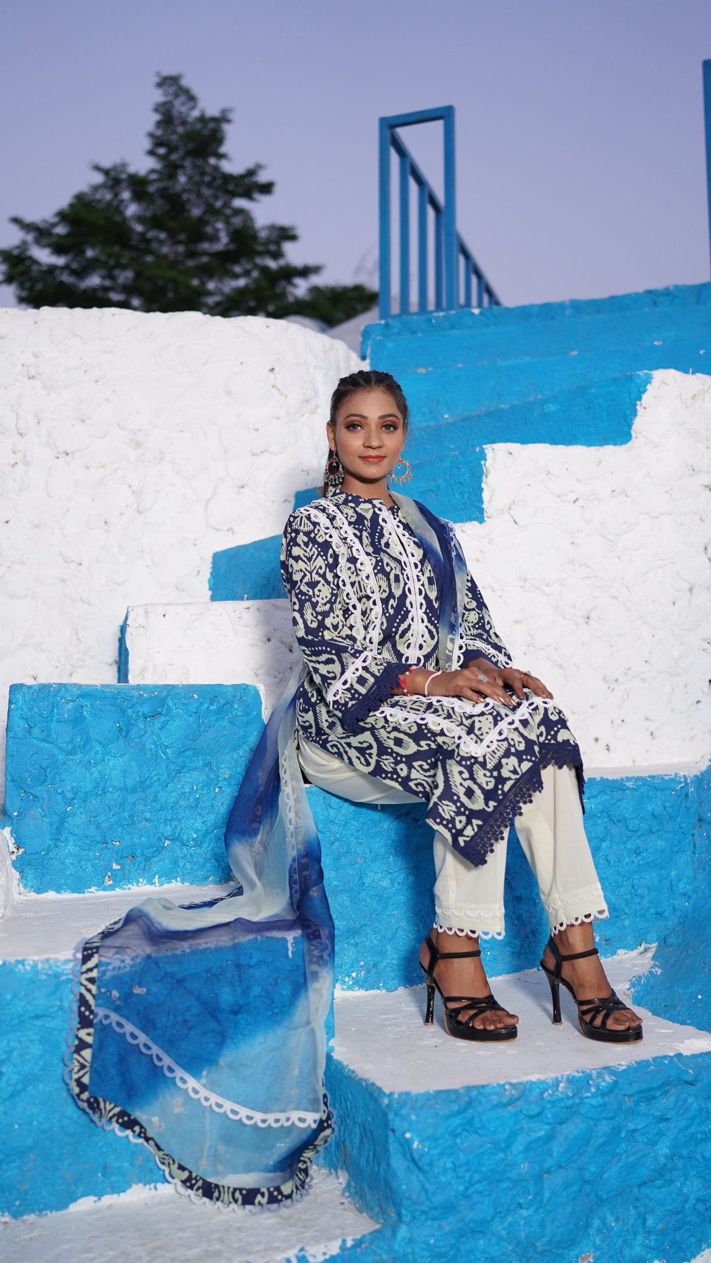 Blue and White Cotton Printed Suit CS 106