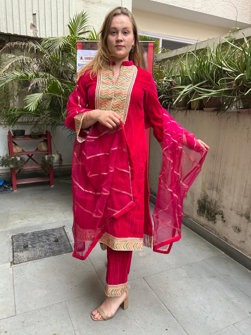 Magenta Crinkle Velvet Suit CS 110