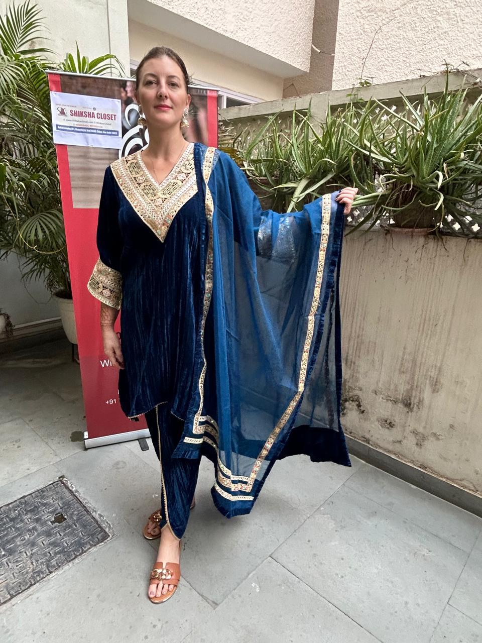 Blue Crinkle Lavish Velvet Suit CS 112