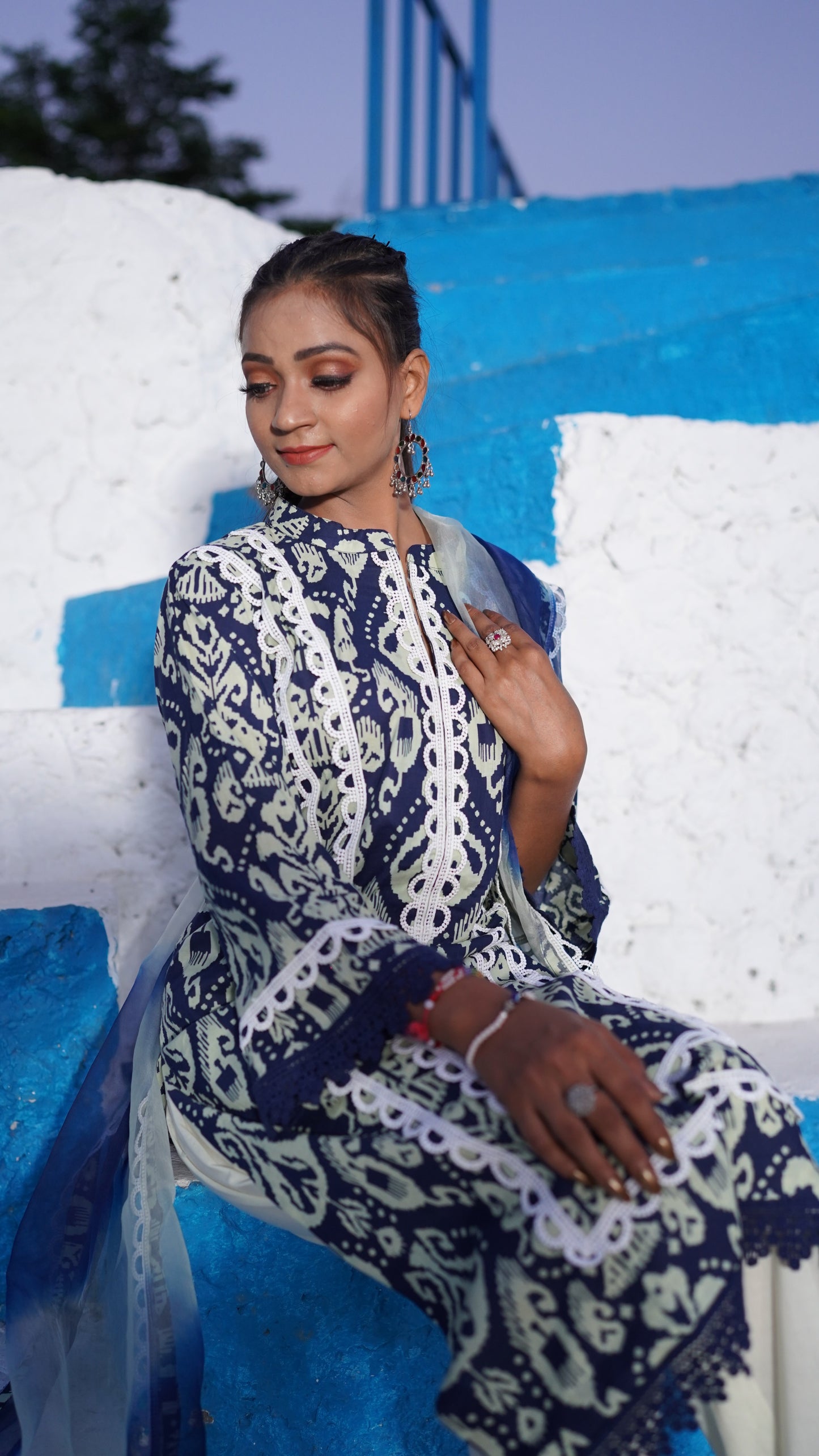 Blue and White Cotton Printed Suit CS 106