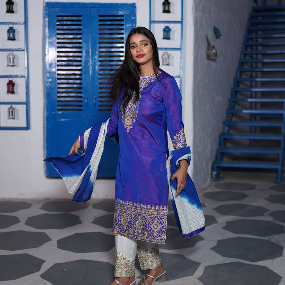
                      
                        Navy Blue Embroidered Silk Suit CS 108
                      
                    