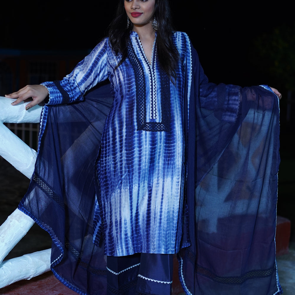 Navy Blue Chanderi Tie & Dye Silk Suit CS 109