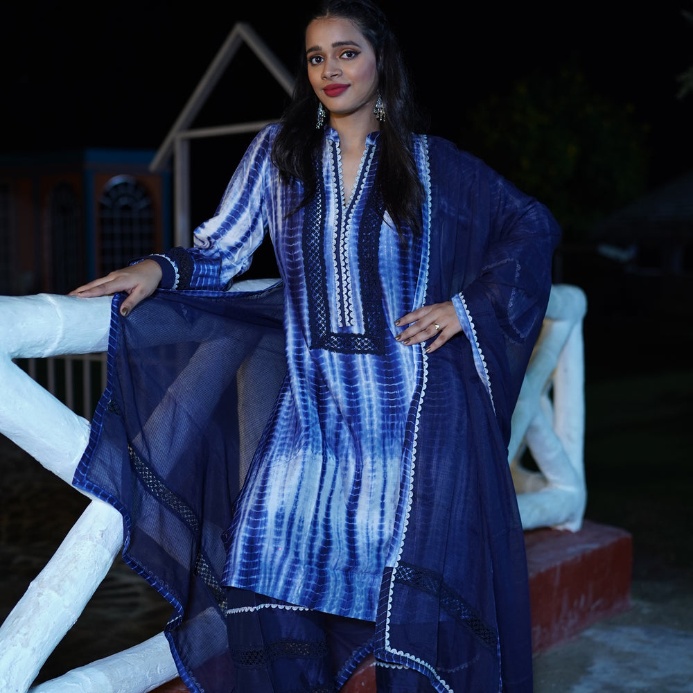 
                      
                        Navy Blue Chanderi Tie & Dye Silk Suit CS 109
                      
                    