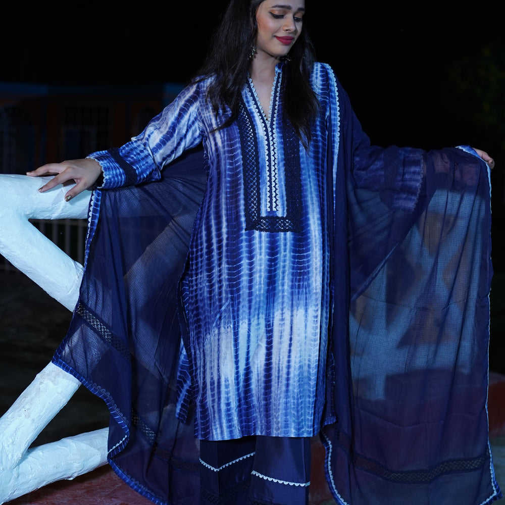 
                      
                        Navy Blue Chanderi Tie & Dye Silk Suit CS 109
                      
                    